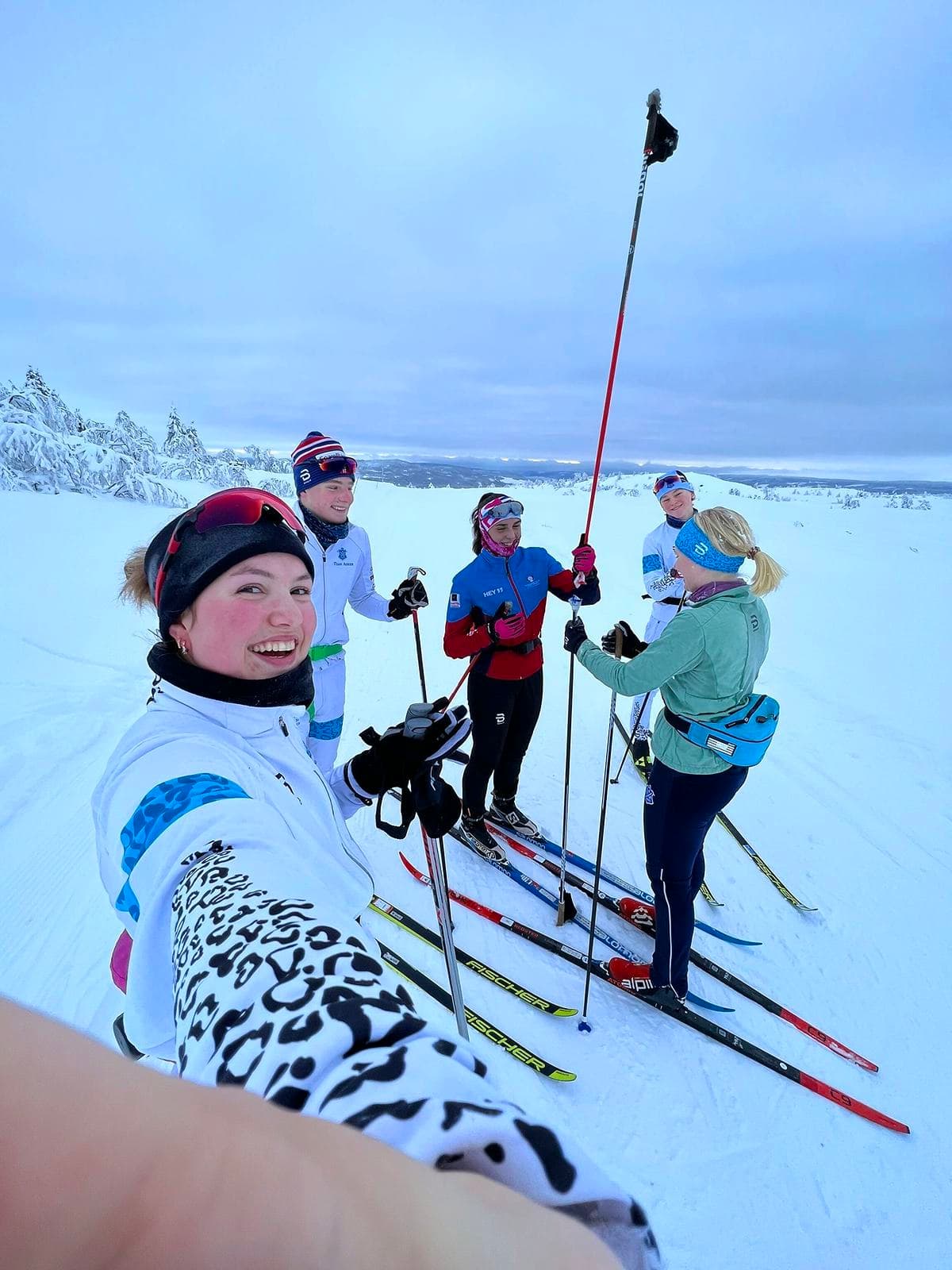 A group of students cross-country skiing in Norway, enjoying winter sports and the beauty of Norwegian nature during their school exchange year.
